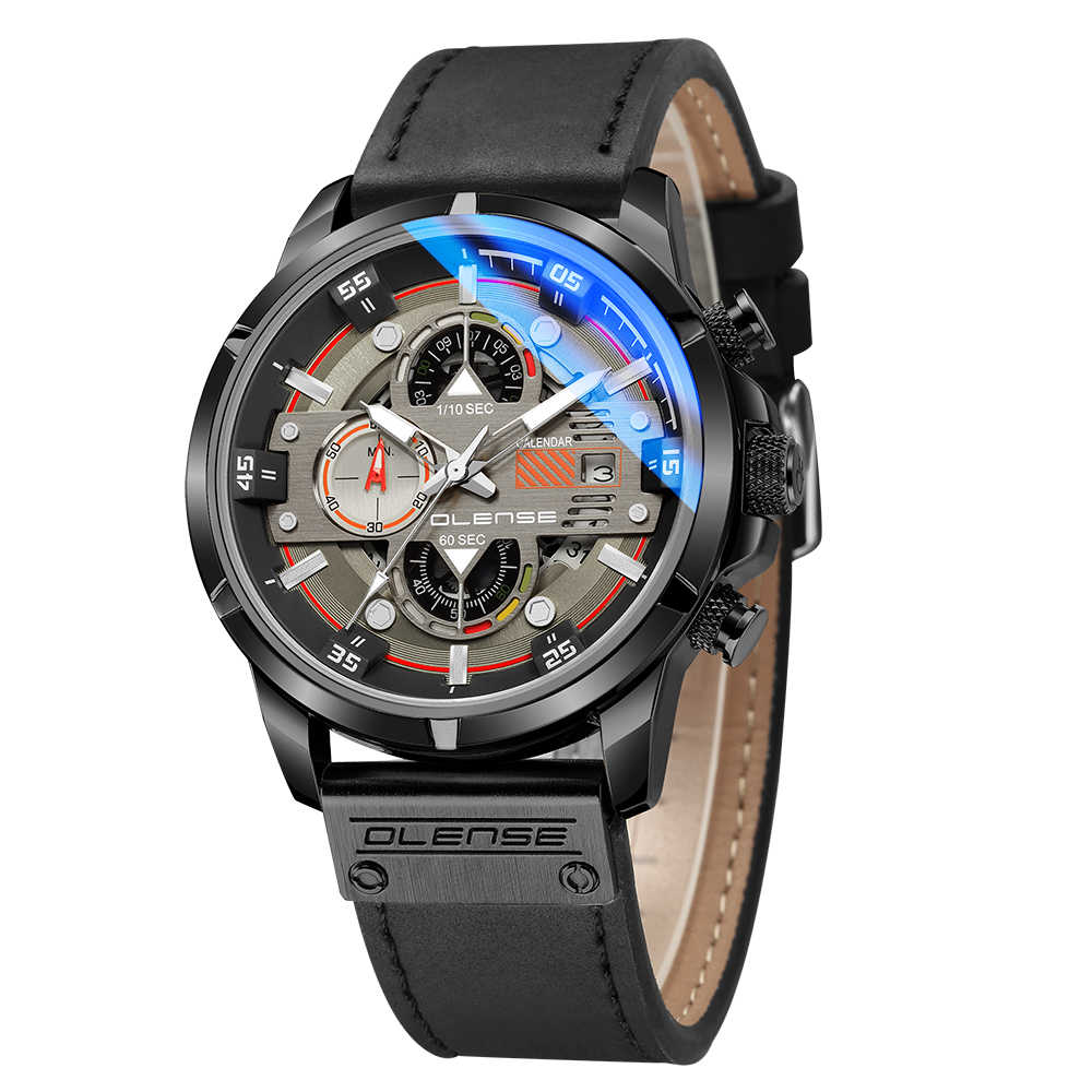 Men Black Watch Leather Strap 47mm Dial Waterproof