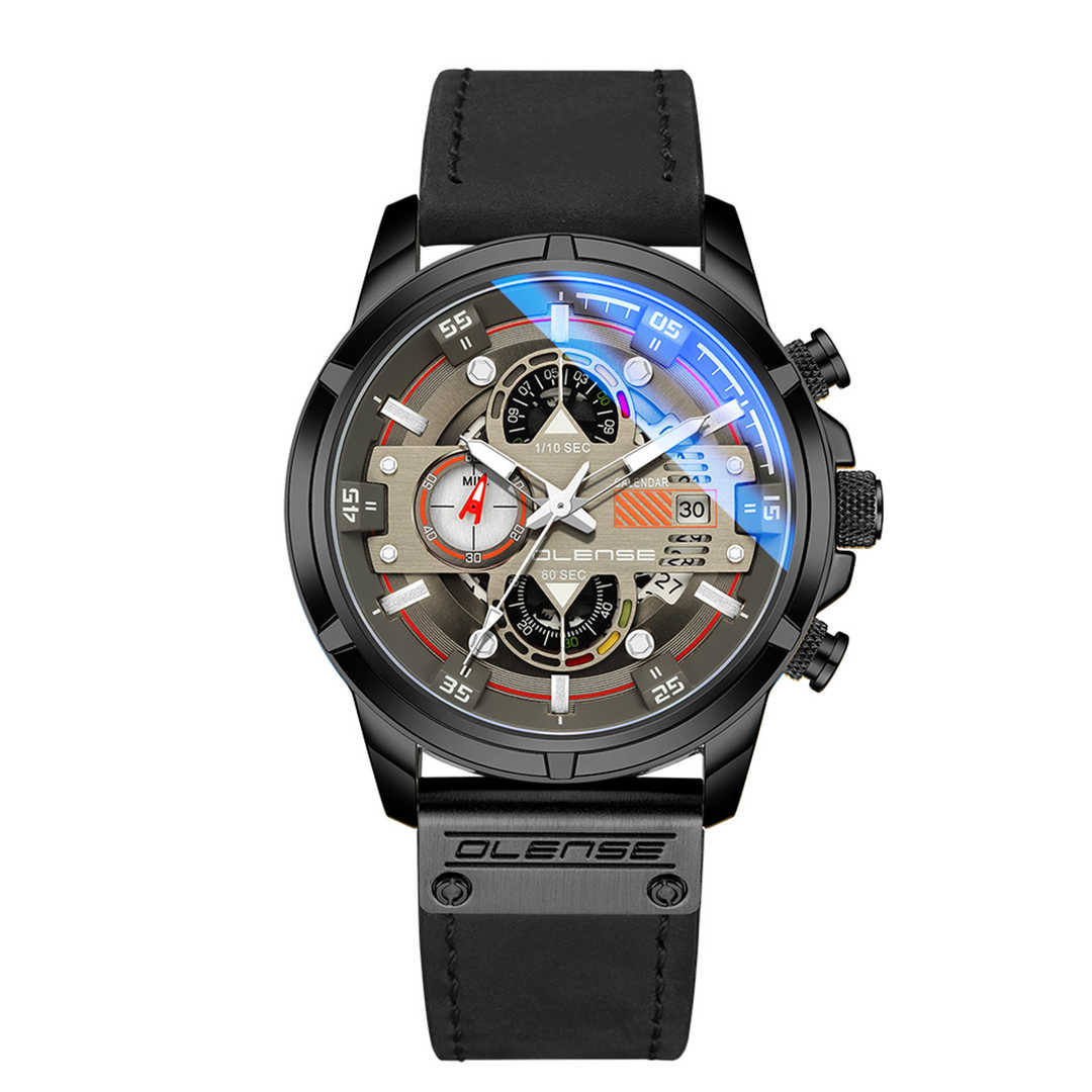 Men Black Watch Leather Strap 47mm Dial Waterproof