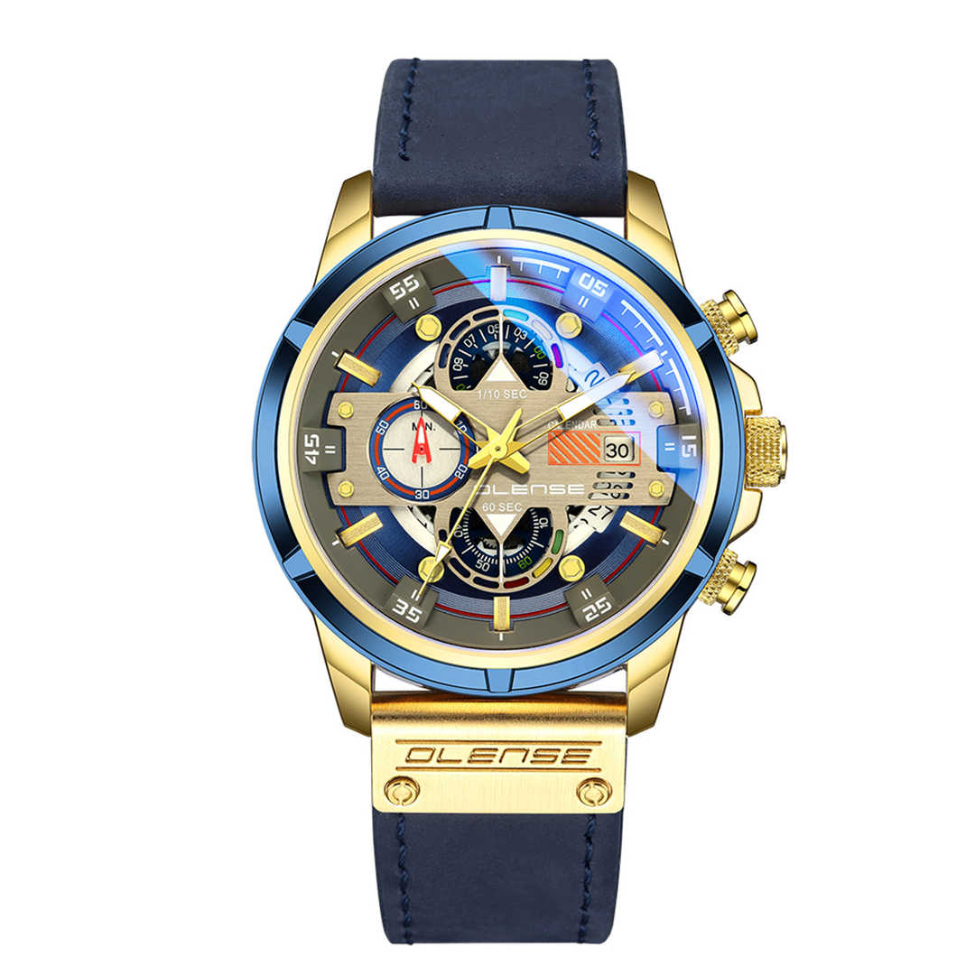 Men Wristwatch Leather Strap Blue Dial 47mm