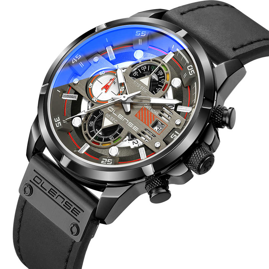 Men Black Watch Leather Strap 47mm Dial Waterproof